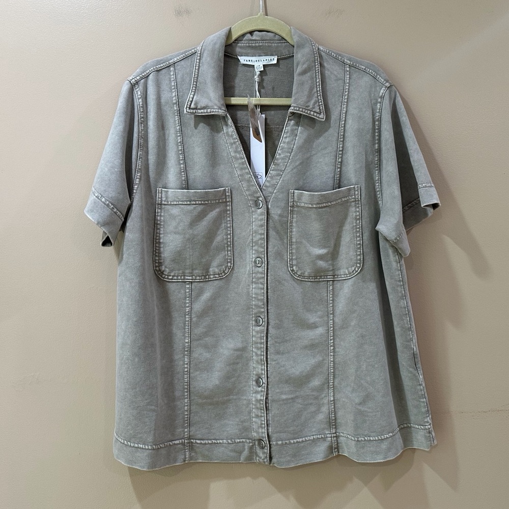 Jane And Delancey Button Down Top Gray Acid Wash Knit Utility Shacket Womens 1X